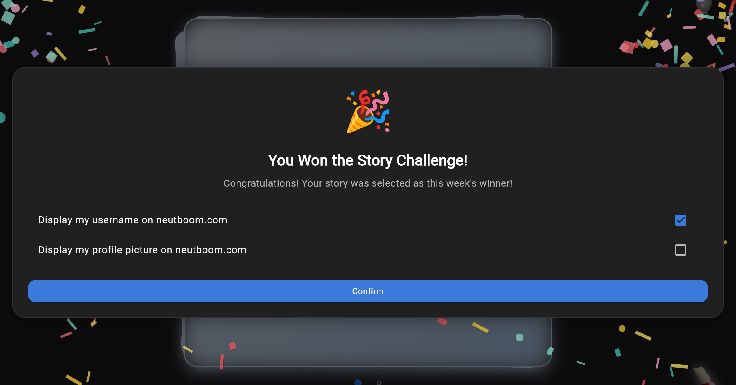 Winner celebration dialog with confetti animation
